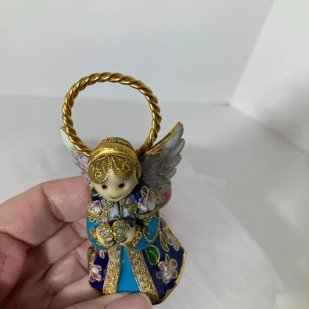 Vintage Alsan Victorian Enamel Cloissone Angel Bell Christmas Ornament 3